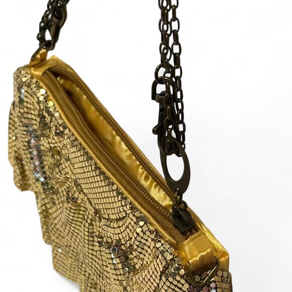 Shimmering Gold Mesh Evening Bag Zip Clutch Crossbody Glam Satin Chain Strap - Picture 5 of 10